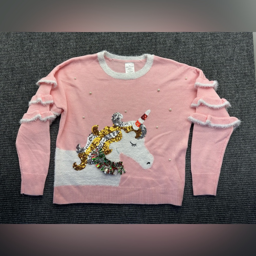 99 Jane Street Pink Women's Sequined Ugly Unicorn Christmas Holiday Sweater LG